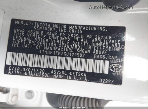 4T1BF1FK7GU121502 2016 TOYOTA CAMRY White Вид підкапотного простору