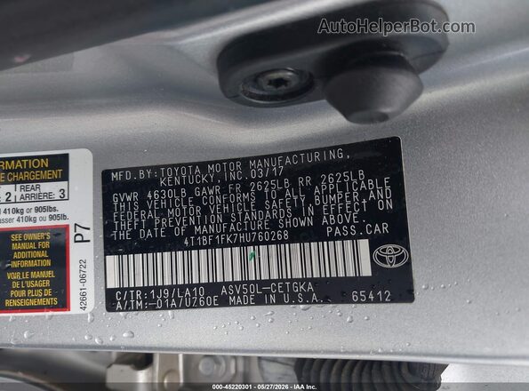 4T1BF1FK7HU760268 2017 TOYOTA CAMRY Silver Engine compartment view