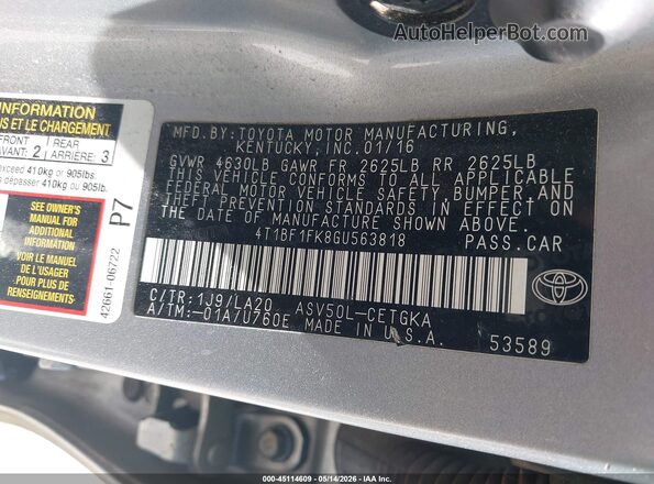 4T1BF1FK8GU563818 2016 TOYOTA CAMRY Серебряный 