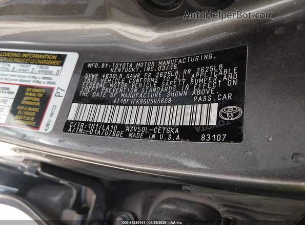 4T1BF1FK8GU585608 2016 TOYOTA CAMRY Gray Engine compartment view