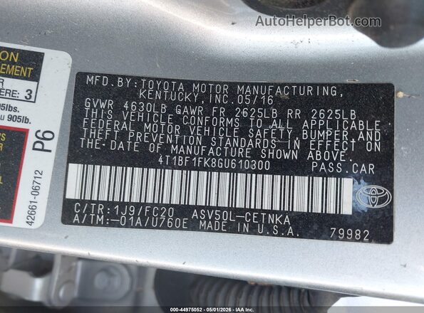 4T1BF1FK8GU610300 2016 TOYOTA LE Серебряный Вид подкапотного пространства