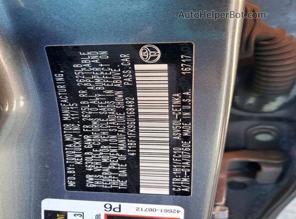 4T1BF1FK9GU168482 2016 TOYOTA CAMRY Charcoal Widok naklejki z numerem VIN