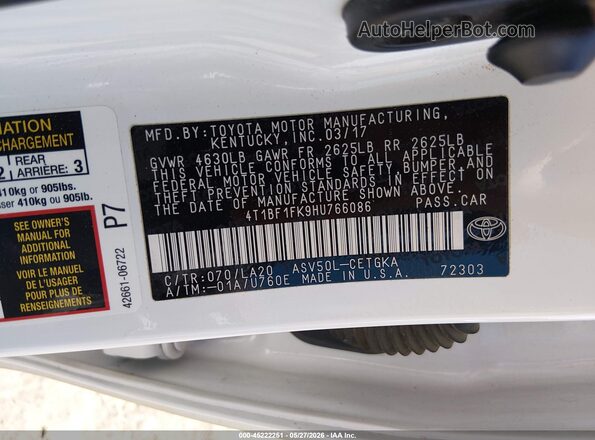4T1BF1FK9HU766086 2017 TOYOTA CAMRY White ძრავის განყოფილების ხედი