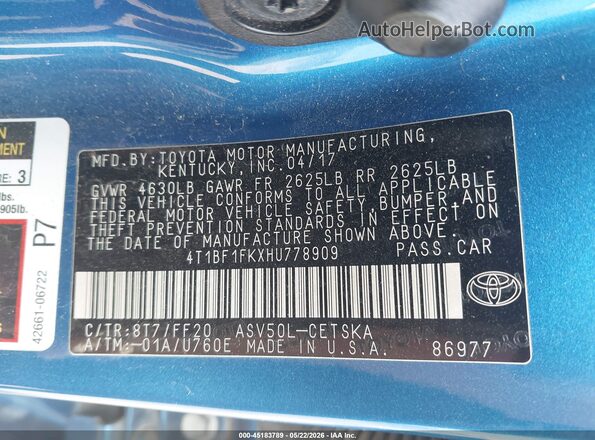 4T1BF1FKXHU778909 2017 TOYOTA CAMRY Blue Vista del compartimento del motor