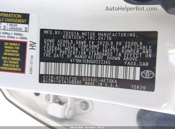 4T1BK1EB0GU222345 2016 TOYOTA AVALON White Շարժիչի բաժամունքի տեսք