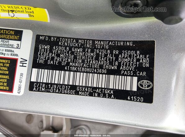 4T1BK1EB0HU243696 2017 TOYOTA LE Silver Engine compartment view