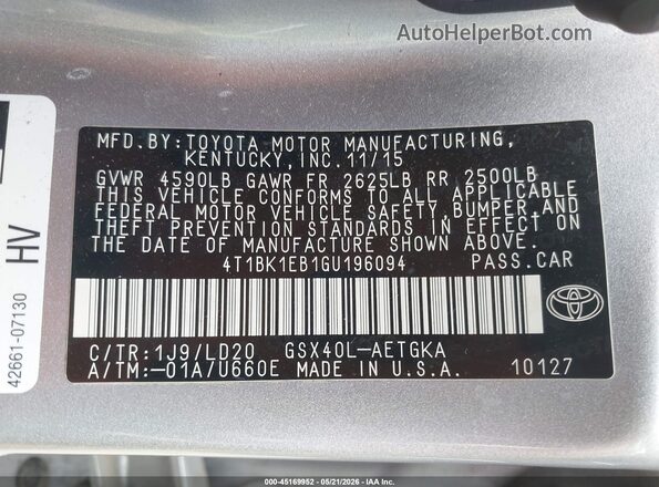 4T1BK1EB1GU196094 2016 TOYOTA AVALON Silver Вид підкапотного простору