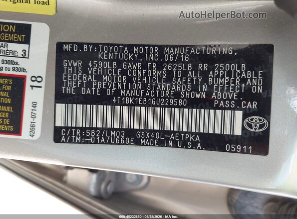 4T1BK1EB1GU229580 2016 TOYOTA AVALON Gold Widok komory silnika