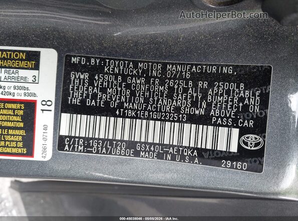 4T1BK1EB1GU232513 2016 TOYOTA AVALON Серый 