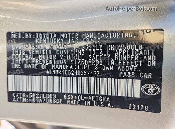 4T1BK1EB2HU257437 2017 TOYOTA AVALON Желто-коричневый Вид подкапотного пространства