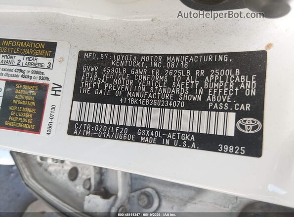 4T1BK1EB3GU234070 2016 TOYOTA AVALON White ძრავის განყოფილების ხედი