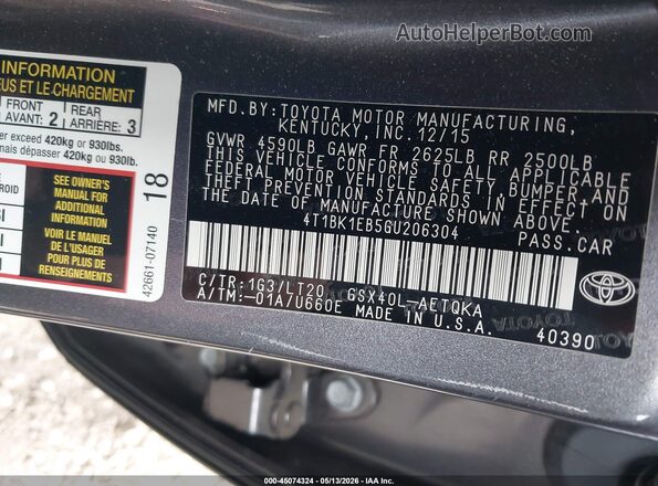 4T1BK1EB5GU206304 2016 TOYOTA AVALON Gray Vista del compartimento del motor