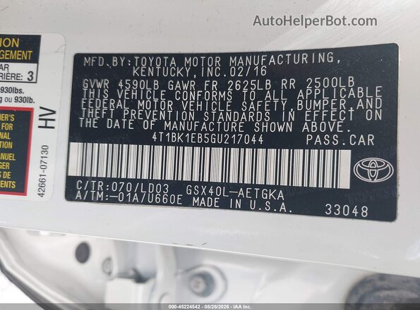 4T1BK1EB5GU217044 2016 TOYOTA AVALON White Շարժիչի բաժամունքի տեսք