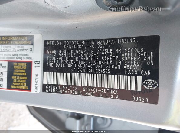 4T1BK1EB5HU254595 2017 TOYOTA AVALON Серебряный Вид подкапотного пространства