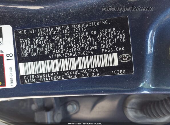 4T1BK1EB6GU206294 2016 TOYOTA AVALON Blue Vista del compartimento del motor