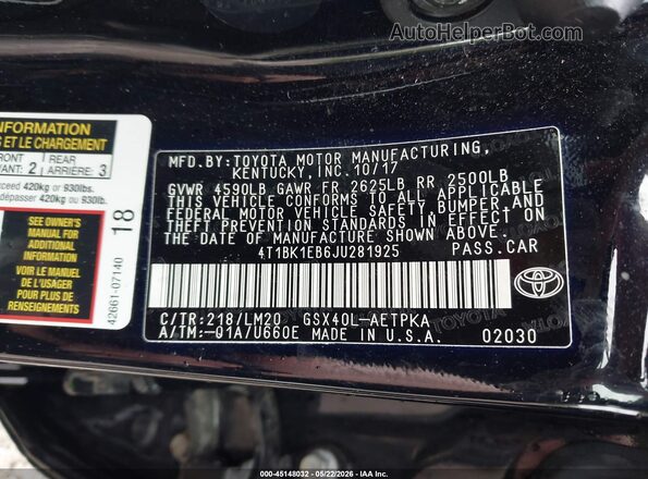4T1BK1EB6JU281925 2018 TOYOTA AVALON Black Engine compartment view