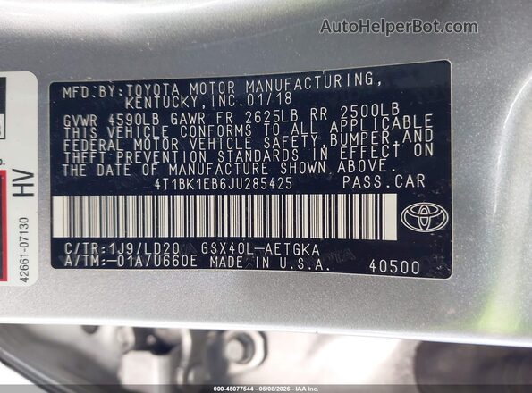4T1BK1EB6JU285425 2018 TOYOTA LE Silver 