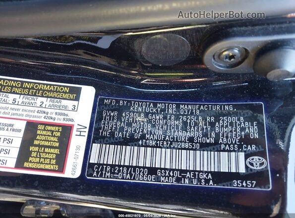 4T1BK1EB7JU288530 2018 TOYOTA LE Black Engine compartment view