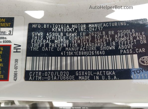 4T1BK1EB8HU261640 2017 TOYOTA AVALON Белый Вид подкапотного пространства