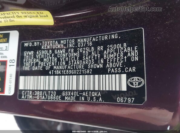 4T1BK1EB9GU221582 2016 TOYOTA AVALON Бордовый 