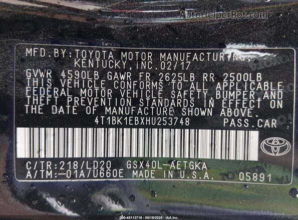 4T1BK1EBXHU253748 2017 TOYOTA AVALON Black ძრავის განყოფილების ხედი