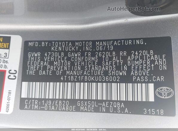 4T1BZ1FB0KU036002 2019 TOYOTA AVALON Silver ძრავის განყოფილების ხედი