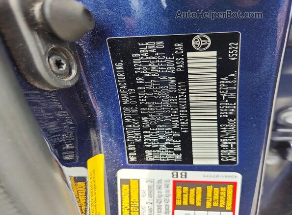 4T1BZ1FB4KU024211 2019 TOYOTA AVALON Blue ძრავის განყოფილების ხედი