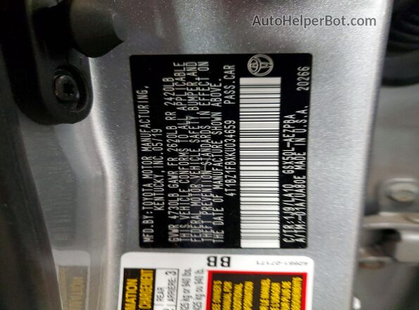 4T1BZ1FBXKU034659 2019 TOYOTA AVALON Silver 