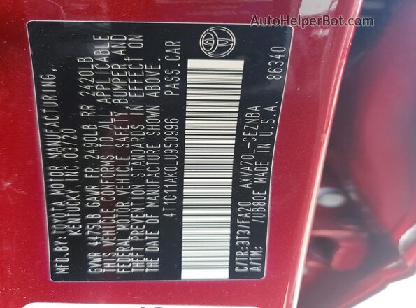 4T1C11AK0LU950996 2020 TOYOTA CAMRY Burgundy 