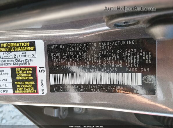 4T1C11AK4LU884985 2020 TOYOTA CAMRY Gray ძრავის განყოფილების ხედი