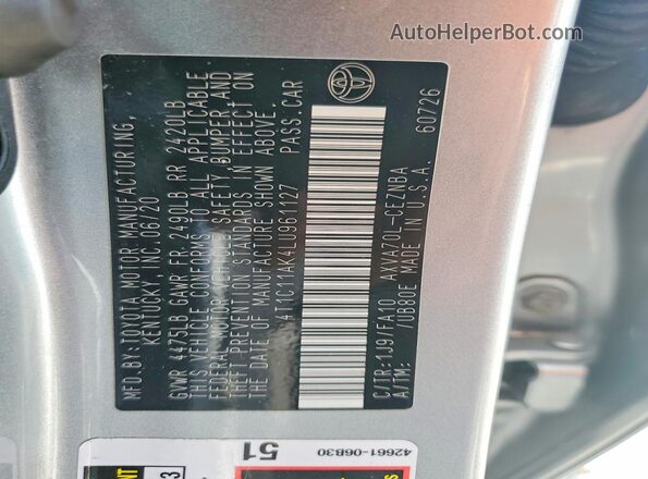 4T1C11AK4LU961127 2020 TOYOTA CAMRY Silver ძრავის განყოფილების ხედი