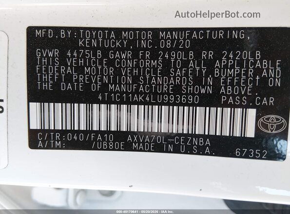 4T1C11AK4LU993690 2020 TOYOTA CAMRY White ძრავის განყოფილების ხედი