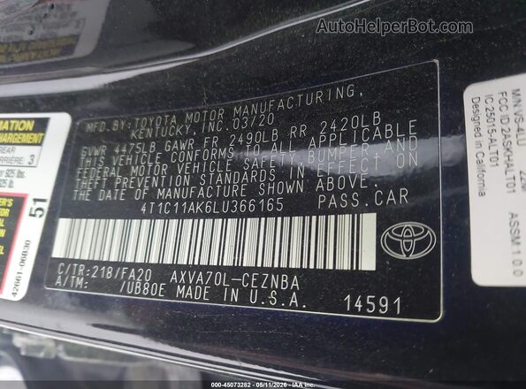 4T1C11AK6LU366165 2020 TOYOTA LE Black Вид підкапотного простору
