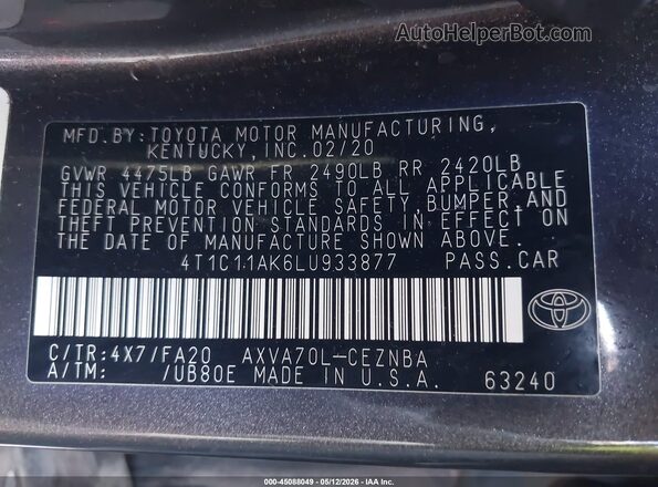 4T1C11AK6LU933877 2020 TOYOTA LE Gray Engine compartment view