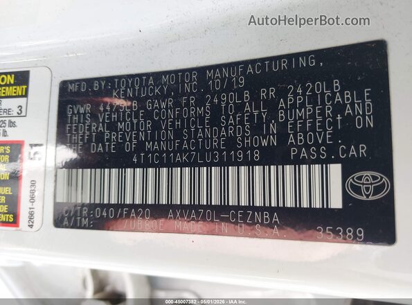 4T1C11AK7LU311918 2020 TOYOTA LE White Widok komory silnika