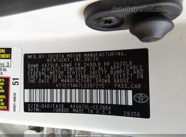 4T1C11AK7LU397215 2020 TOYOTA CAMRY White Widok komory silnika