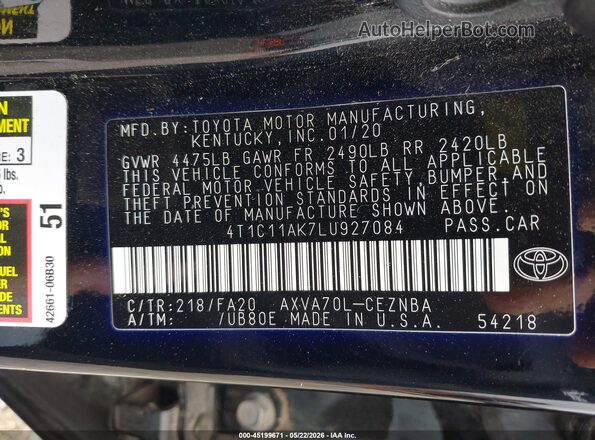 4T1C11AK7LU927084 2020 TOYOTA CAMRY Black Շարժիչի բաժամունքի տեսք