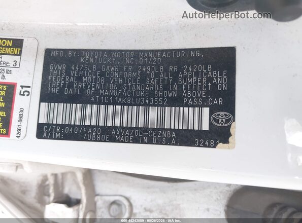 4T1C11AK8LU343552 2020 TOYOTA CAMRY White Widok komory silnika