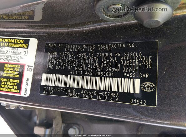 4T1C11AK8LU883094 2020 TOYOTA CAMRY Gray 