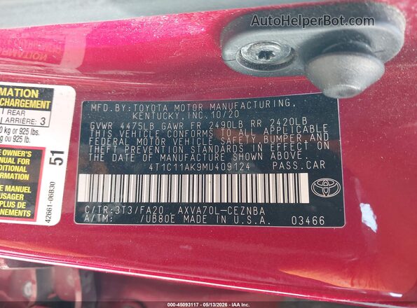 4T1C11AK9MU409124 2021 TOYOTA LE Бордовый Вид подкапотного пространства