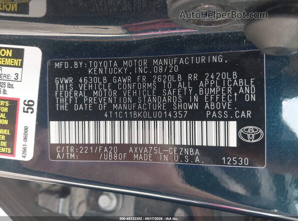 4T1C11BK0LU014357 2020 TOYOTA CAMRY Black ძრავის განყოფილების ხედი