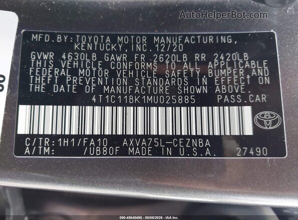 4T1C11BK1MU025885 2021 TOYOTA LE Gray 