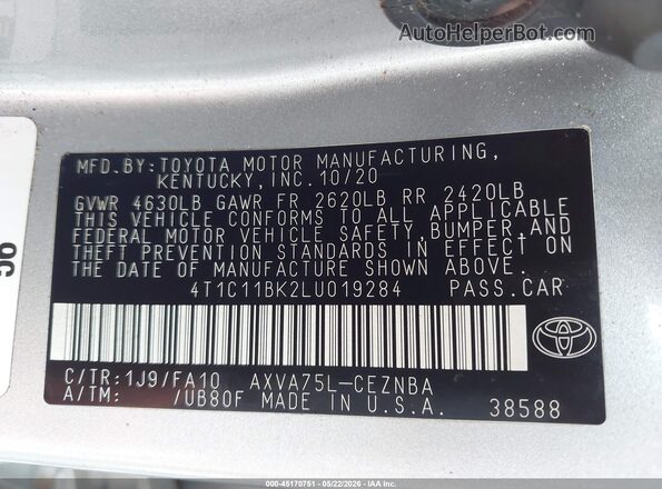 4T1C11BK2LU019284 2020 TOYOTA CAMRY Silver Շարժիչի բաժամունքի տեսք