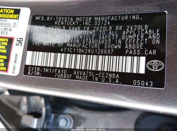 4T1C11BK2RU126697 2024 TOYOTA CAMRY Gray ძრავის განყოფილების ხედი