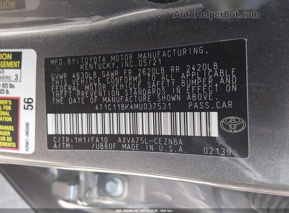 4T1C11BK4MU037531 2021 TOYOTA LE Gray ძრავის განყოფილების ხედი