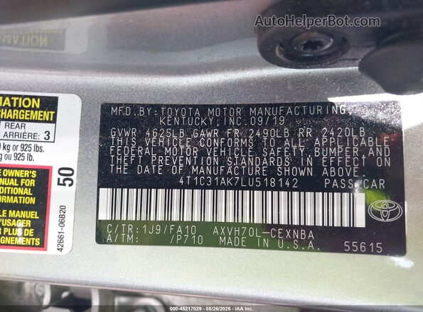 4T1C31AK7LU518142 2020 TOYOTA CAMRY Серебряный Вид подкапотного пространства