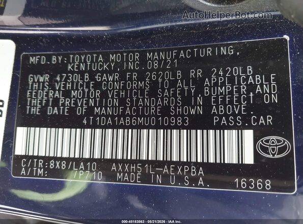 4T1DA1AB6MU010983 2021 TOYOTA AVALON Light Blue Вид підкапотного простору
