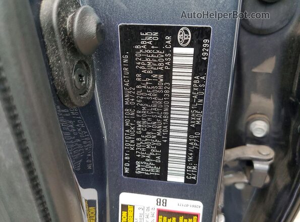 4T1DA1AB8NU013823 2022 TOYOTA AVALON Blue Շարժիչի բաժամունքի տեսք