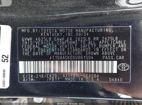 4T1DAACK0SU061504 2025 TOYOTA CAMRY Black Շարժիչի բաժամունքի տեսք