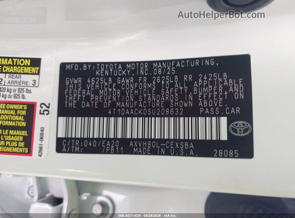4T1DAACK0SU208632 2025 TOYOTA CAMRY White ძრავის განყოფილების ხედი